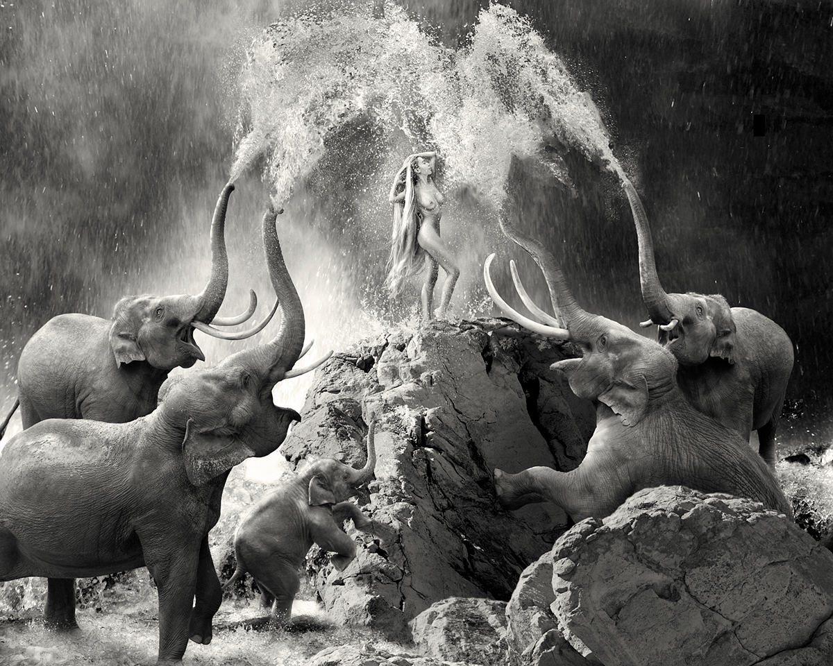 woman nude showering together with elephants