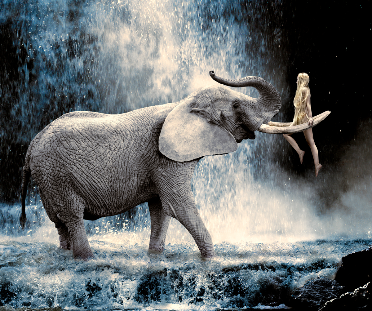 model hanging on tusks elephant at a waterfall