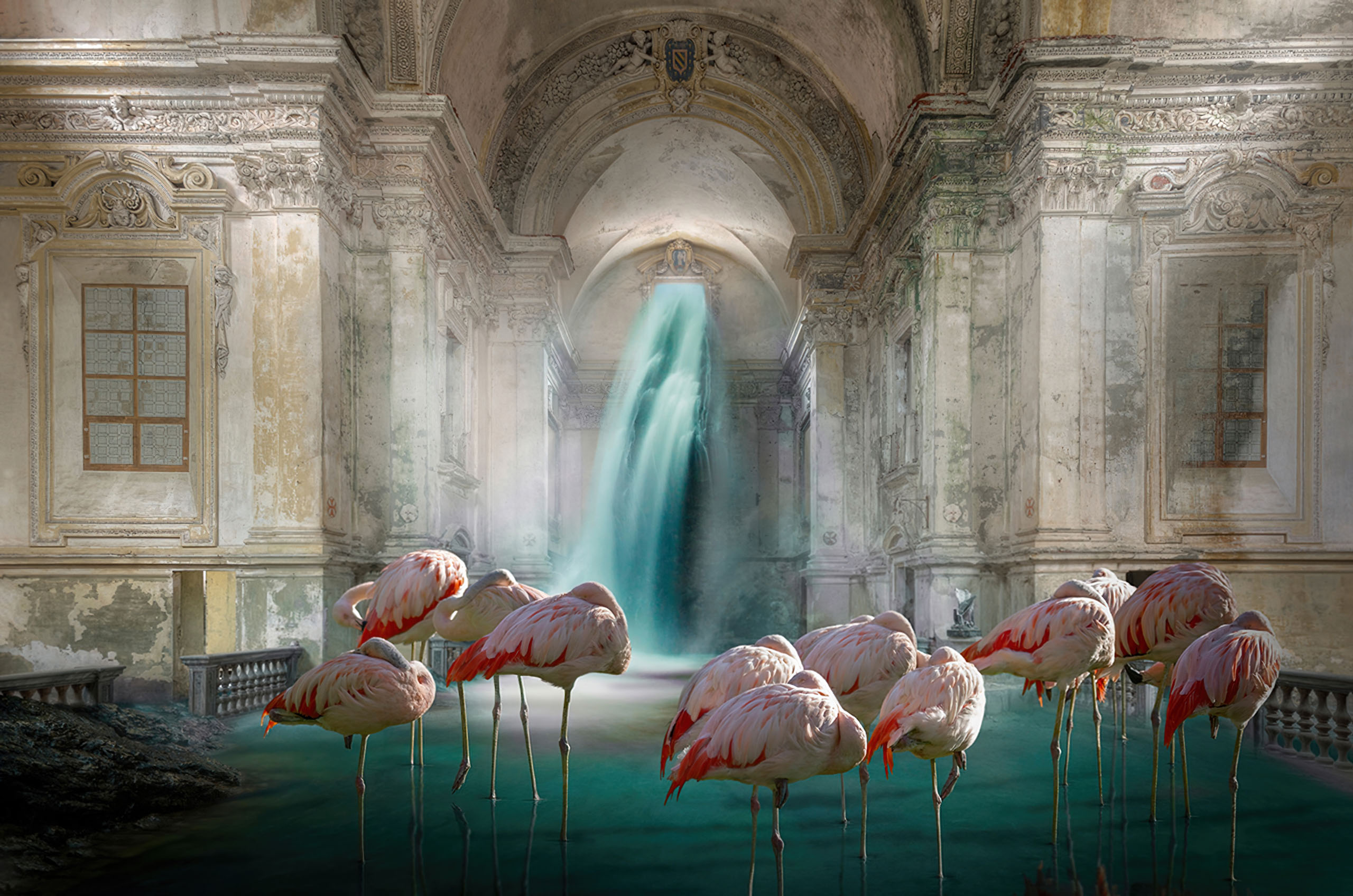 flamingos standing in front of a waterfall in an abandoned building