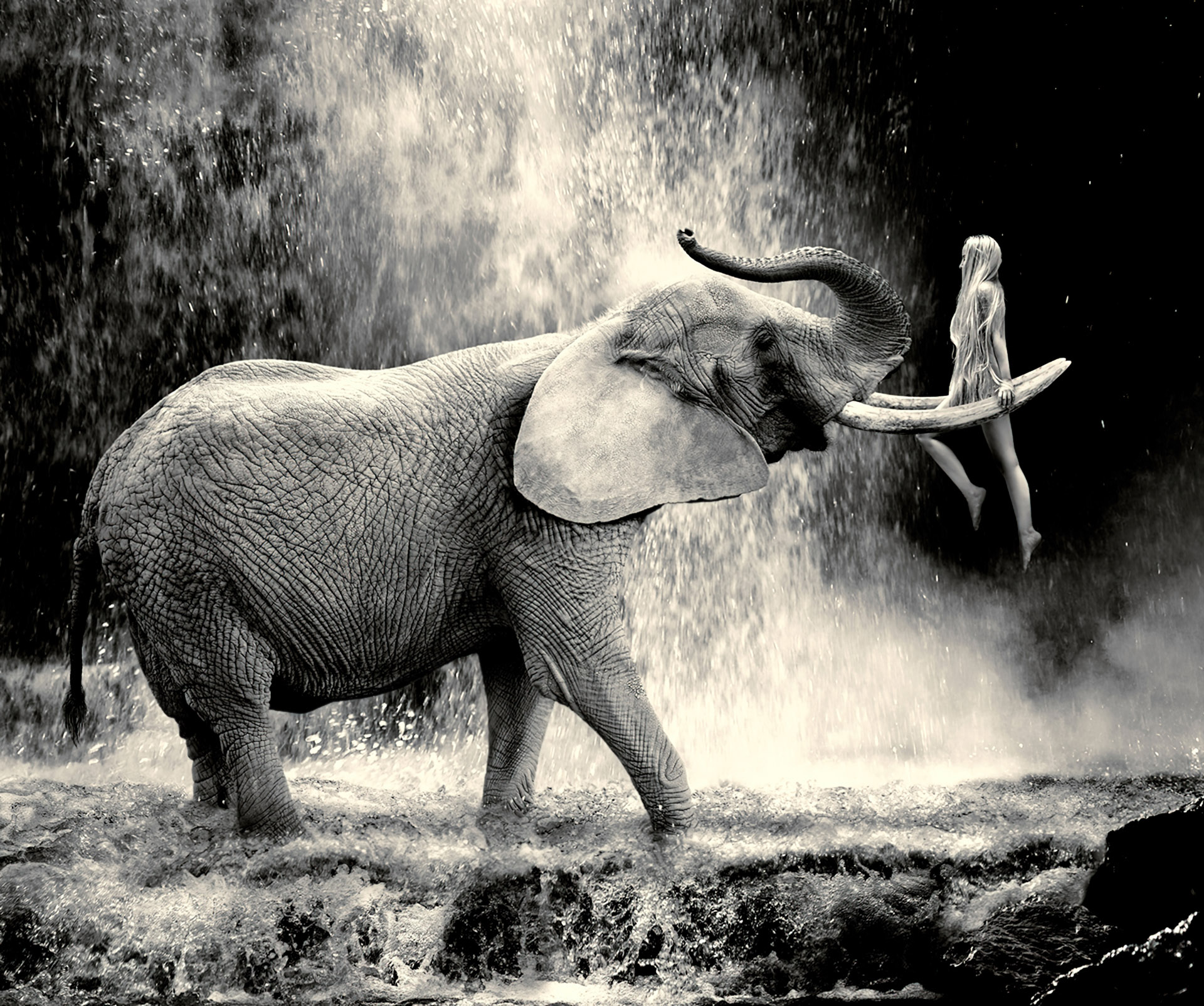 woman and elephant at a waterfall