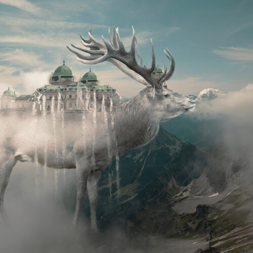 A giant stag with a palace on his back