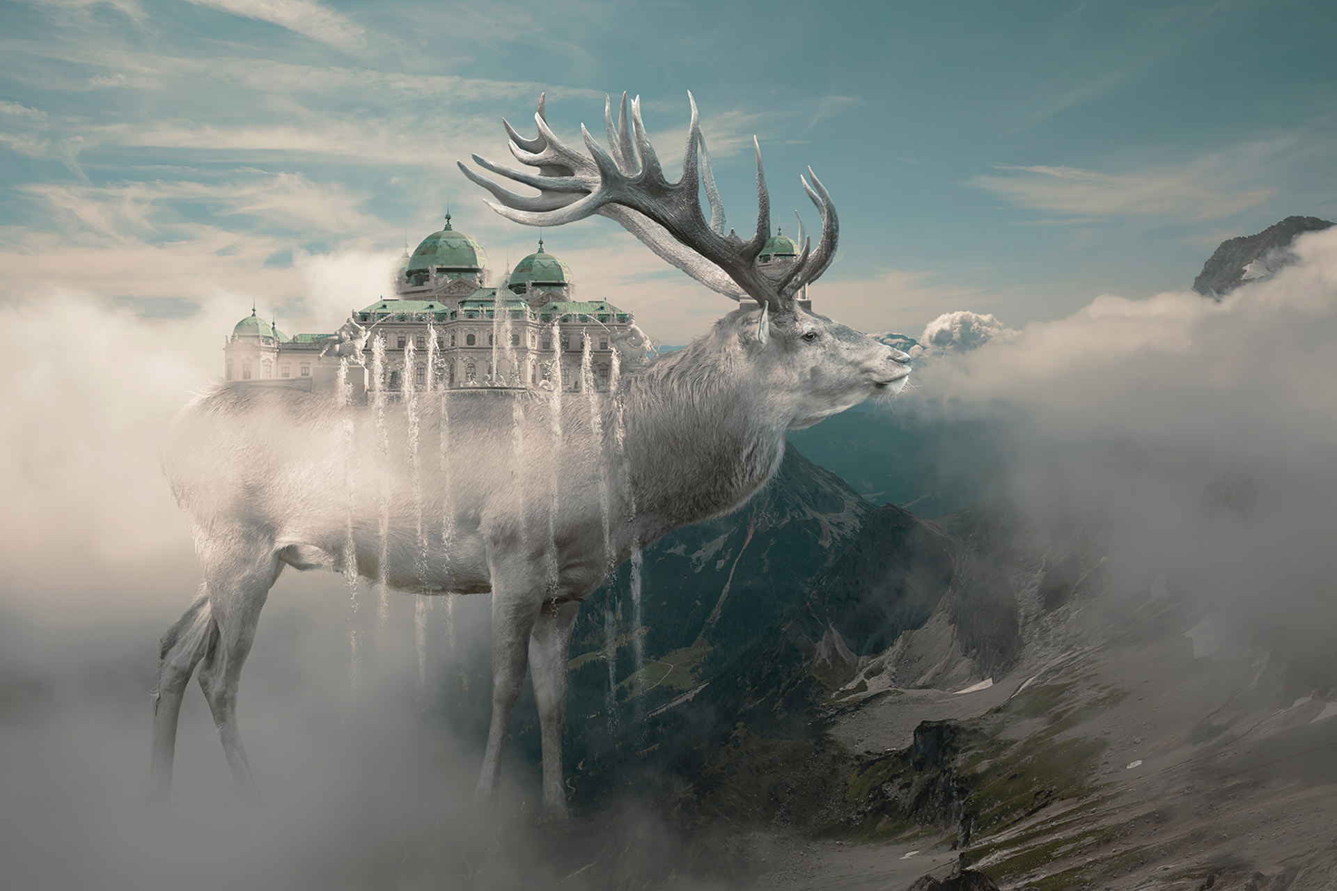 A giant stag with a palace on his back