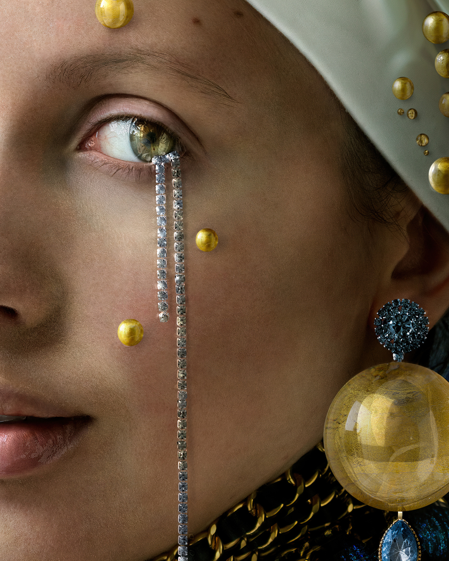detail from girl with the golden pearl, having vermeer's girl with the pearl earring reflected in her eye and earring