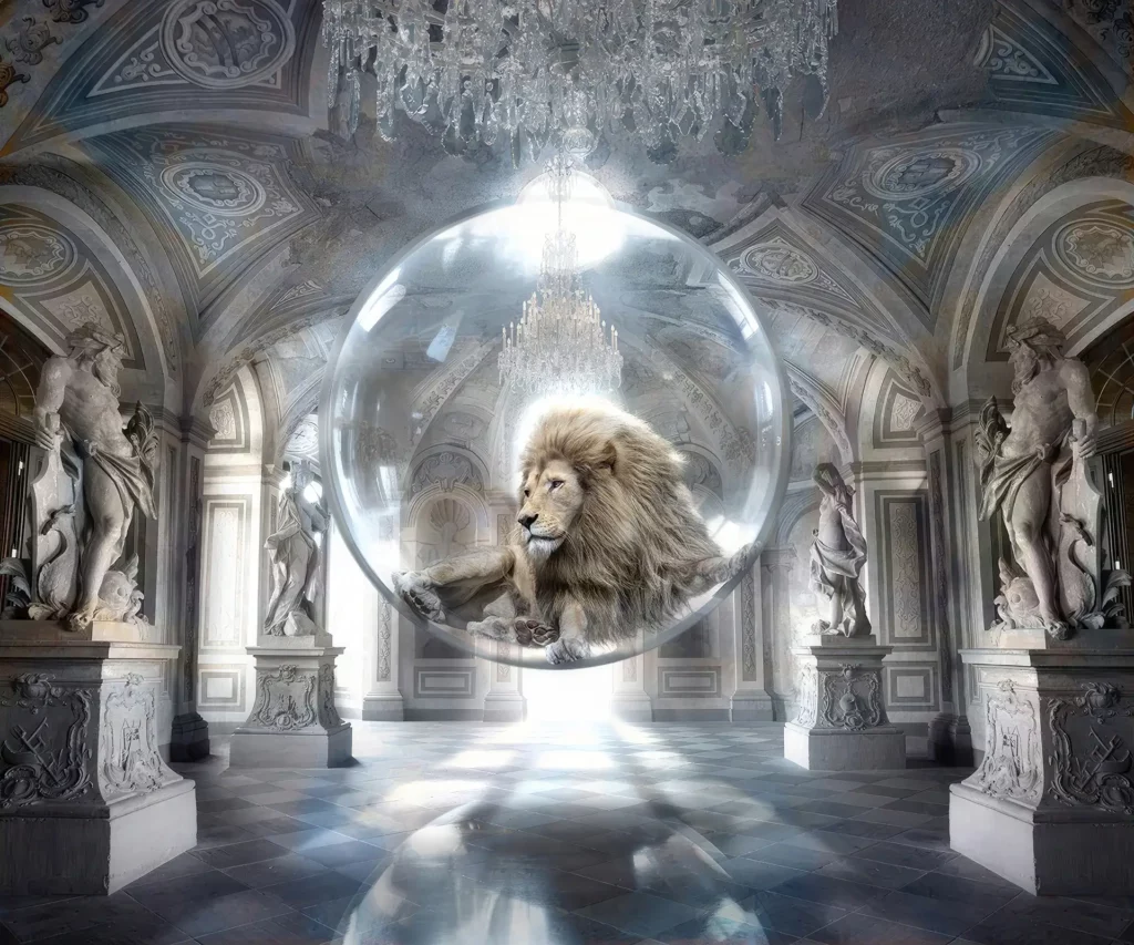 lion floating in a bubble in a palace