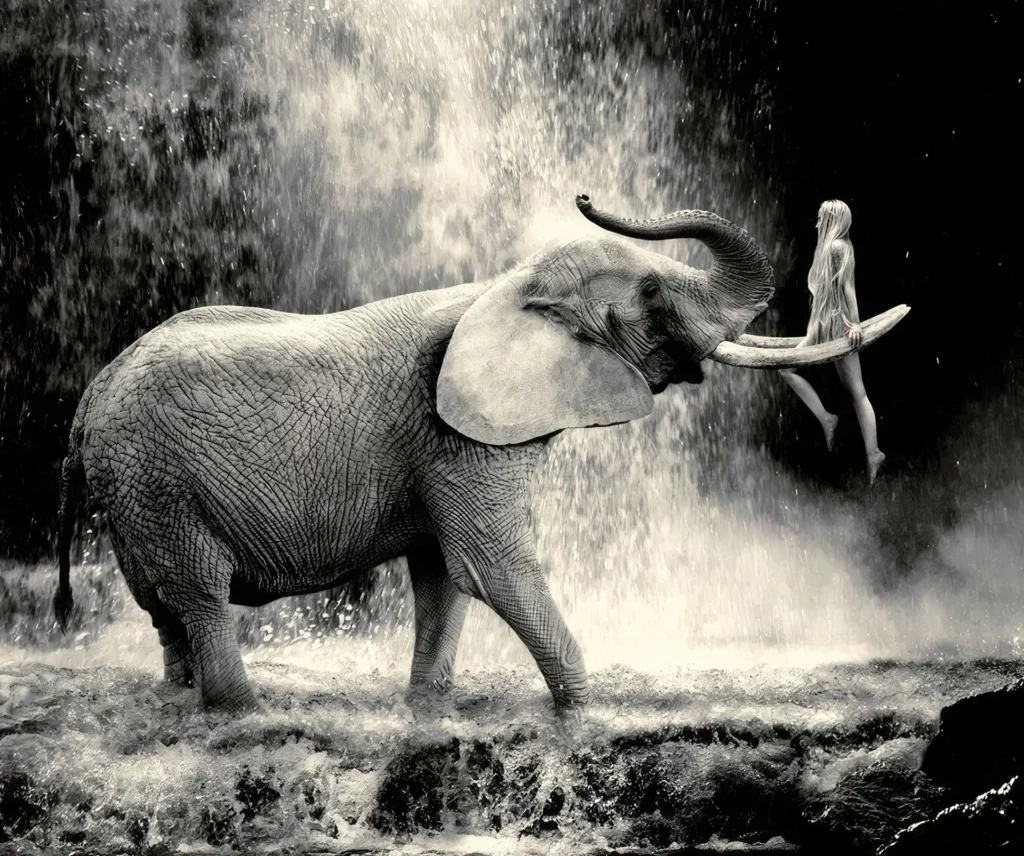 woman getting lifted by an elephant in front of a waterfall