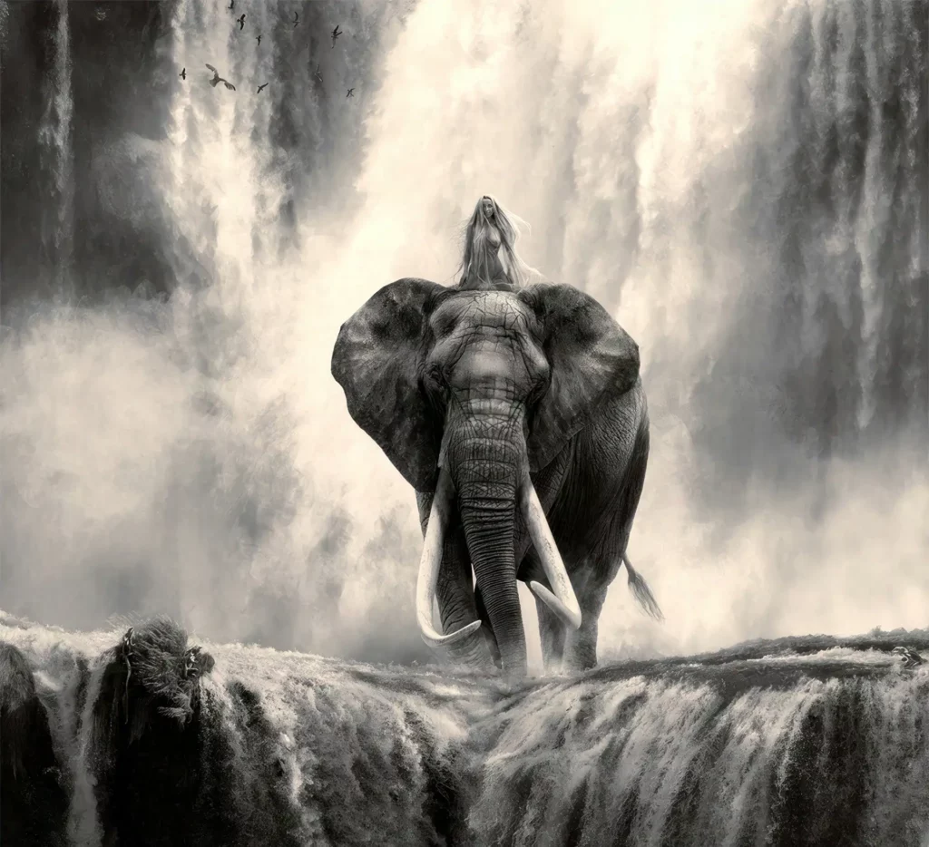 nude woman riding a giant tusker elephant in front of a waterfall